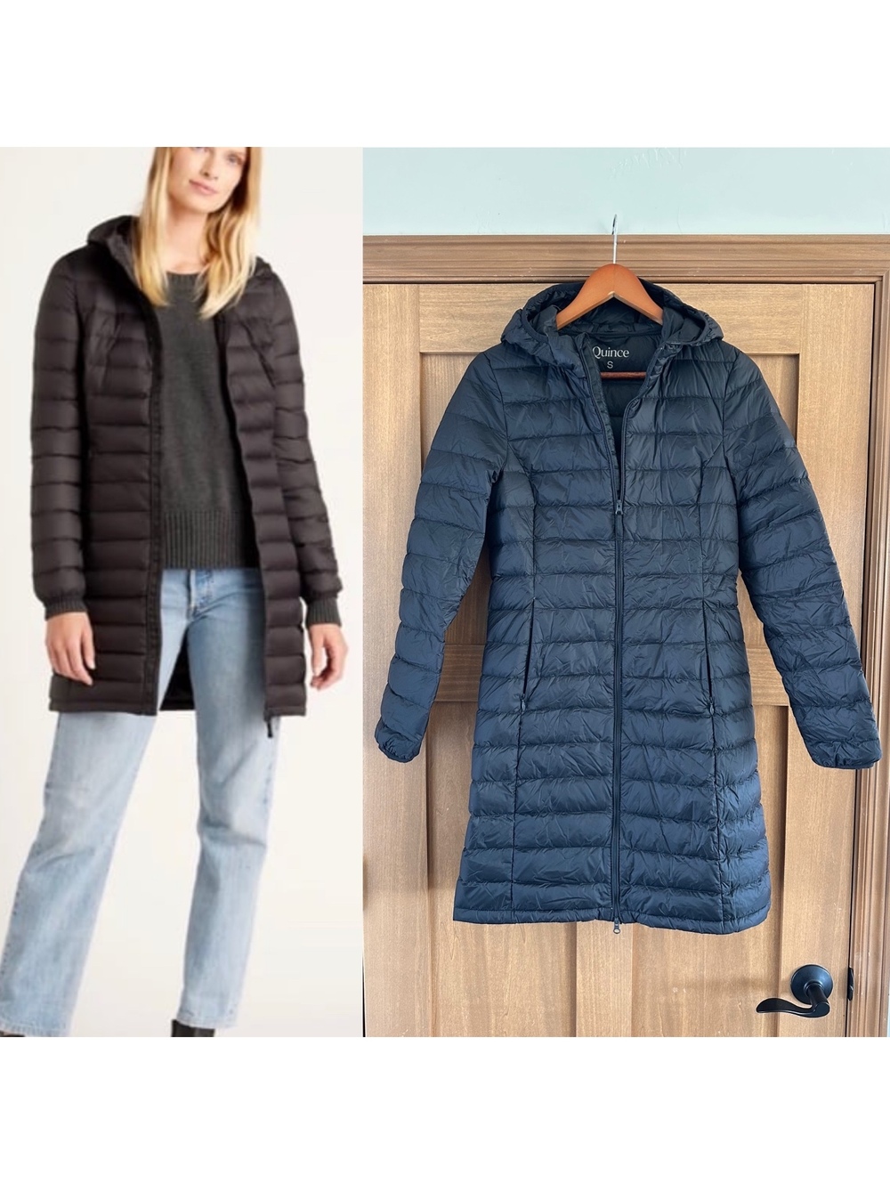Quince Black Lightweight Down Packable Long Puffer Jacket Women’s size Small